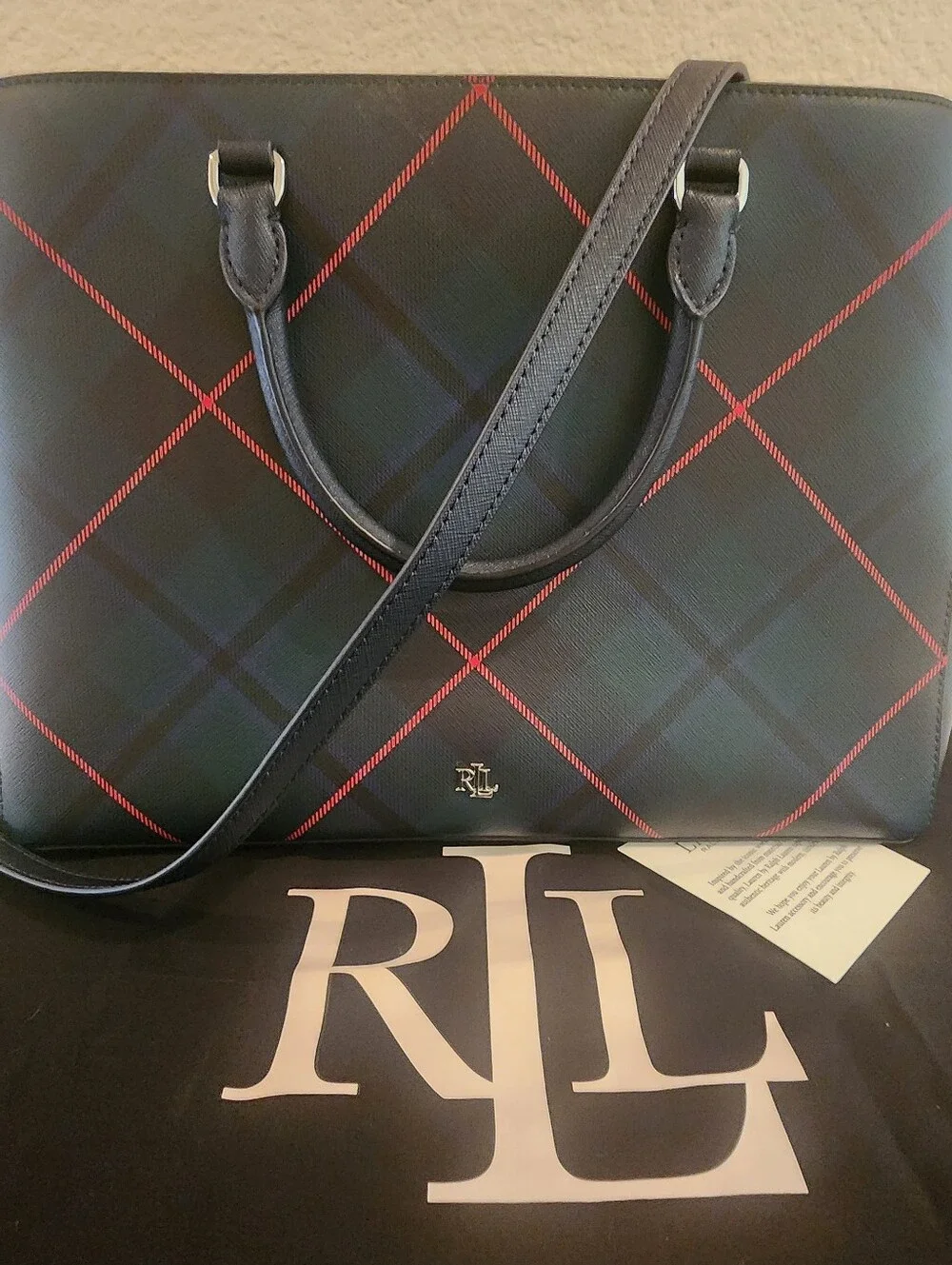Lauren Ralph Lauren Plaid Hanna Satchel Crosshatch Leather EUC w/ Dust Bag